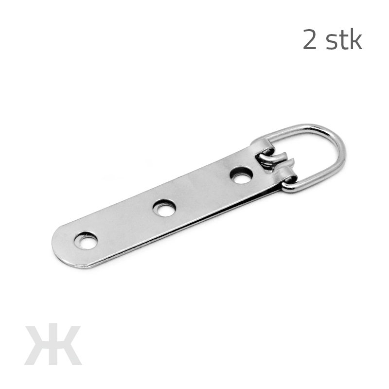 D-ringe beslag til ophængning af f.eks. malerier og lærreder. <br><br><b>Størrelse:</b><br>D-ring: 24 x 24 mm<br>Skruehul: 5 mm<br>Længde: 92 mm<br><br>Antal: 2<br>Materiale: Stål  