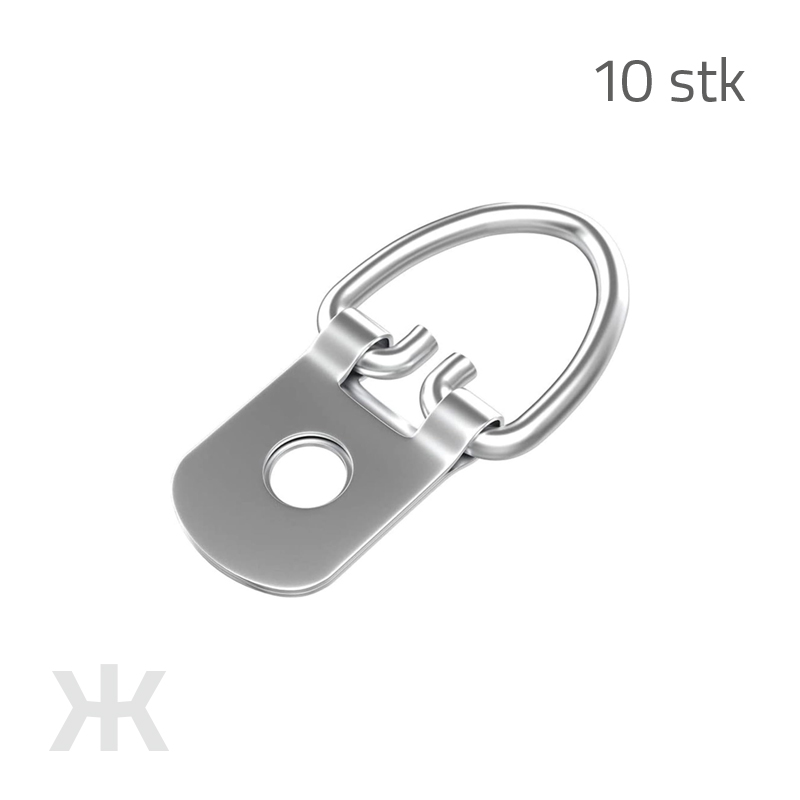 D-ringe beslag til ophængning af f.eks. malerier og lærreder. <br><br><b>Størrelse:</b><br>D-ring: 24 x 24 mm<br>Skruehul: 5 mm<br>Længde: 41 mm<br><br>Antal: 10<br>Materiale: Stål 