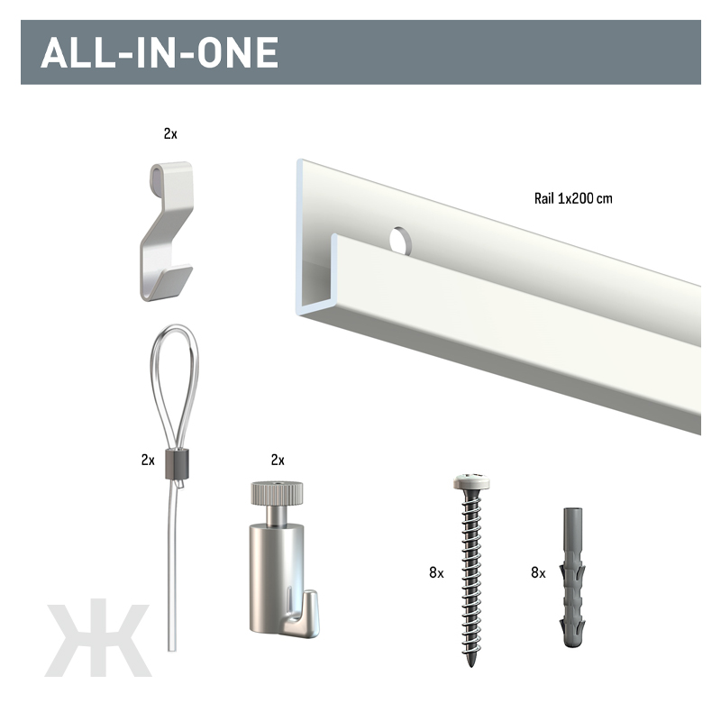 <div>Alt-i-én sættet indeholder alt hvad du skal bruge til ophængning af en Classic galleriskinne. Classic Rail også kaldet en J-Skinne fra Artiteq er en holdbar billedskinne lavet af slidstærkt aluminium af høj kvalitet. Galleriskinnen er 200 cm lang og har en bæreevne på 20 kg/meter. Denne Classic galleriskinne er er en af de mest populære væg ophængnings systemer, der bruges i gallerier, museer og kunstudstillinger. fastgøre skinnen til væggen. Skinnen fastgøres på væggen og derefter kan du montere linerne med billedkrogene og skabe en fleksibel ophængning af dine billeder og malerier. En fleksibel måde at udskifte og rykke rundt på dine maleri og billeder uden at lave nye huller i væggen. Skinnen kan skæres til så den passer væggen.<br><br><b>Dette sæt indeholder:</b><br>1 x 200 cm Classic galleriskinne<br>2 x hvide s-kroge<br>2 x 150 cm løkke nylonline<br>2 x 15 kg billedkroge<br>8 skruer og rawlplugs<br><br><b></div><div>Tilbehør som passer til Classic Skinnen?</b><br>Alle vores 2 mm løkkeliner passer til s-krogen som igen passer til skinnen. Derudover findes der forskellige billedkroge som passer linen.<br><br><br><b>Muligt at afhente i butik - vælges ved checkout</b></div><div><br></div> 